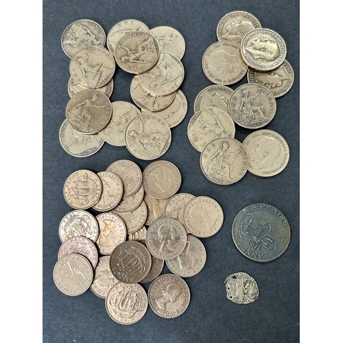 171 - Two small bags of George V copper pennies together with a bag of QEII, an 1811 Cornish token and a C... 