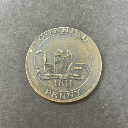 171 - Two small bags of George V copper pennies together with a bag of QEII, an 1811 Cornish token and a C... 