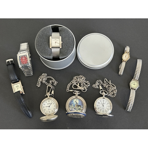 174 - Three vintage style pocket watches on chains including a Franklin Mint example plus various wristwat... 