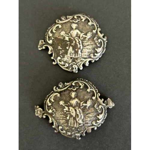 175 - A pair of hallmarked silver small plaques together with an 800 grade spoon, two Bakelite brooches an... 
