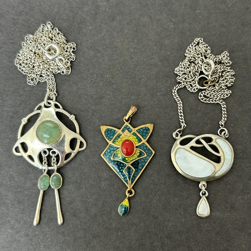 176 - Two 925 sterling silver Art Nouveau style pendants on sterling chains plus an enamelled Nouveau styl... 