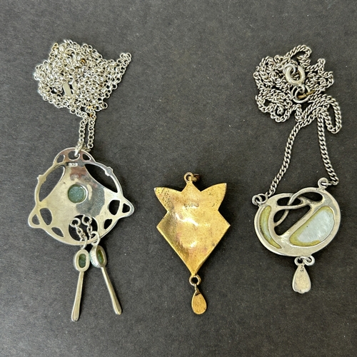 176 - Two 925 sterling silver Art Nouveau style pendants on sterling chains plus an enamelled Nouveau styl... 