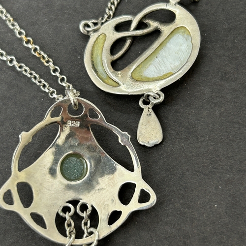 176 - Two 925 sterling silver Art Nouveau style pendants on sterling chains plus an enamelled Nouveau styl... 