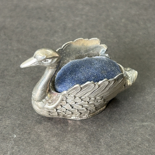 2 - A vintage sterling silver swan pin cushion, approx. 2 1/2