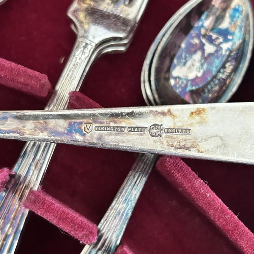 44 - A wooden cased canteen of Elkington silver plated six setting cutlery plus six extra non-matching te... 