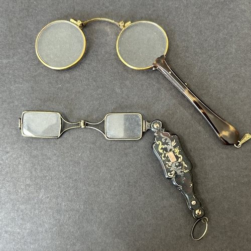 59 - 19th Century lorgnette spectacles, the cover inlaid with yellow and white metals (some losses and od... 