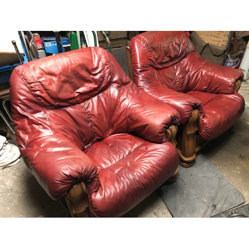 222A - Pair of comfy red arm chairs with removable covers. Solid wood frame