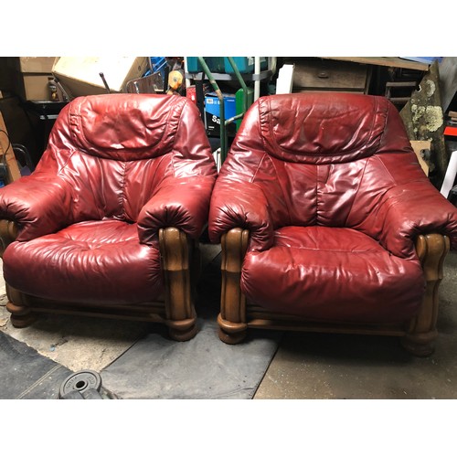 222A - Pair of comfy red arm chairs with removable covers. Solid wood frame