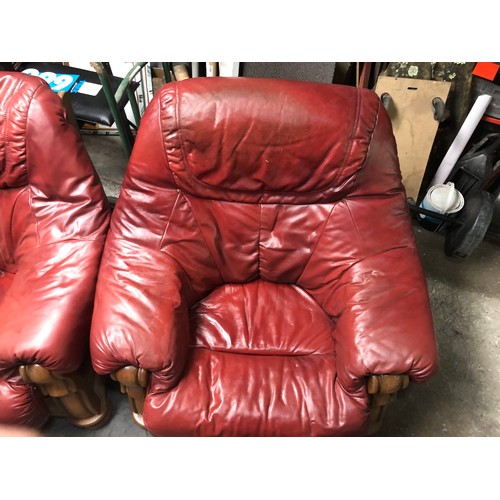 222A - Pair of comfy red arm chairs with removable covers. Solid wood frame