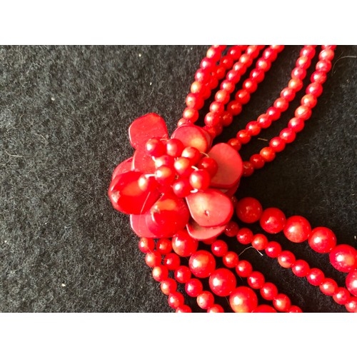 14 - Good quality Sponge & Red Coral Multi Strand necklace 100 cm.