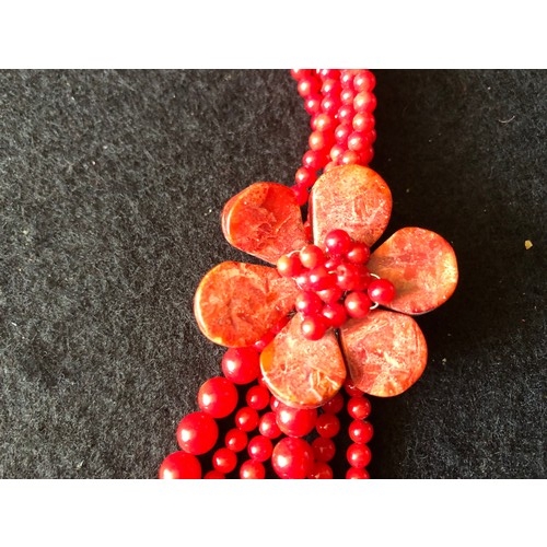 14 - Good quality Sponge & Red Coral Multi Strand necklace 100 cm.