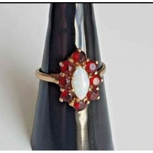 29 - 9ct Gold Cabochon Marquise Shape Fire Opal  & Garnet Ring. Size M-N.