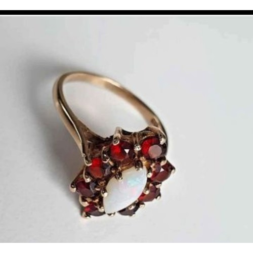 29 - 9ct Gold Cabochon Marquise Shape Fire Opal  & Garnet Ring. Size M-N.