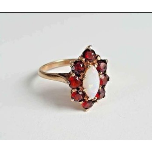 29 - 9ct Gold Cabochon Marquise Shape Fire Opal  & Garnet Ring. Size M-N.