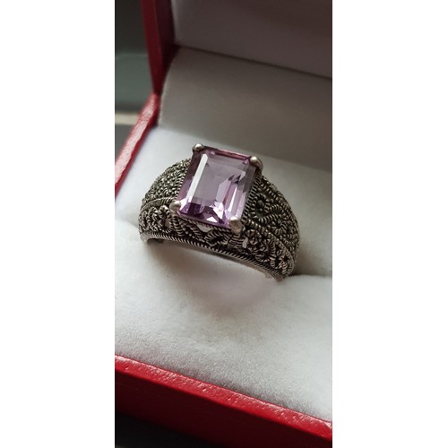 50 - Vintage Silver & Amethyst Ring in an ornate style. Size P