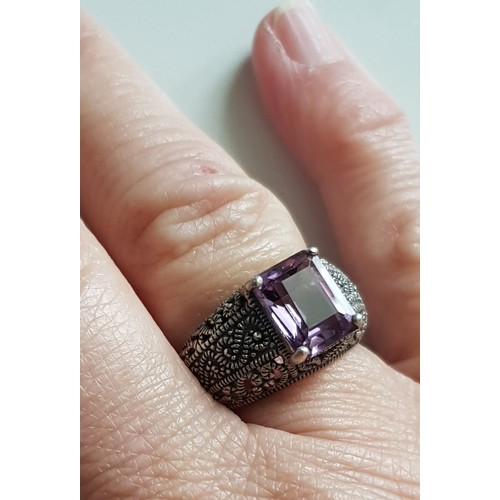 50 - Vintage Silver & Amethyst Ring in an ornate style. Size P