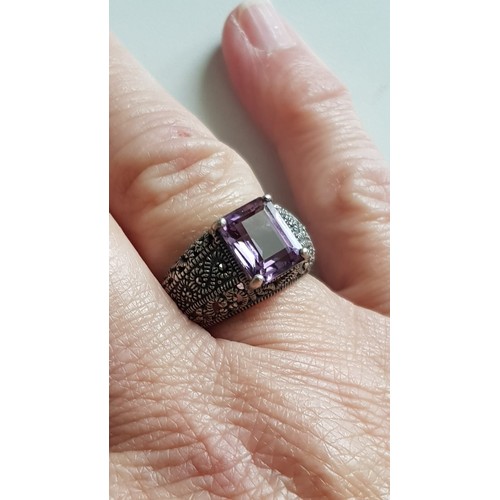 50 - Vintage Silver & Amethyst Ring in an ornate style. Size P