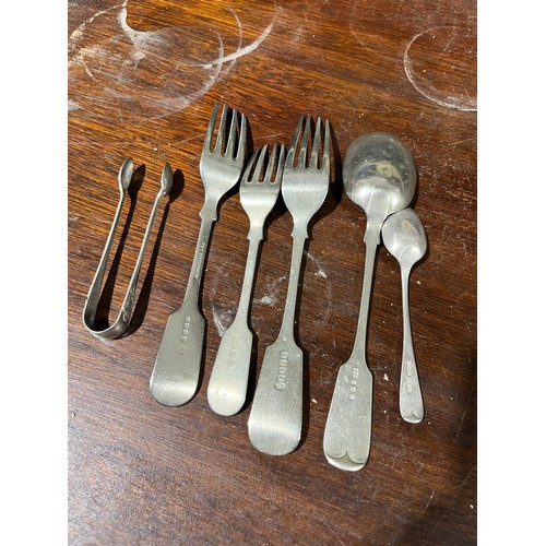 62 - Collection of American silver forks spoons and sugar tongs