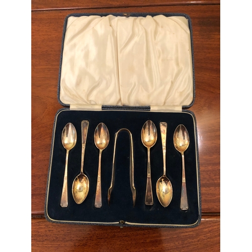 63 - Set of R&B Sheffield Solid silver tea spoons and sugar tongs.