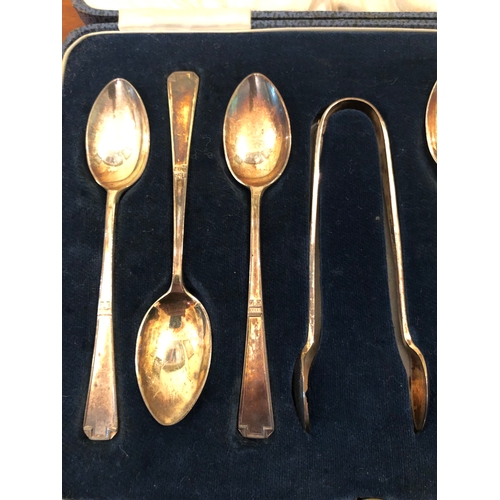 63 - Set of R&B Sheffield Solid silver tea spoons and sugar tongs.