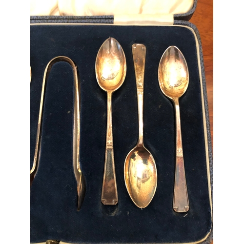 63 - Set of R&B Sheffield Solid silver tea spoons and sugar tongs.