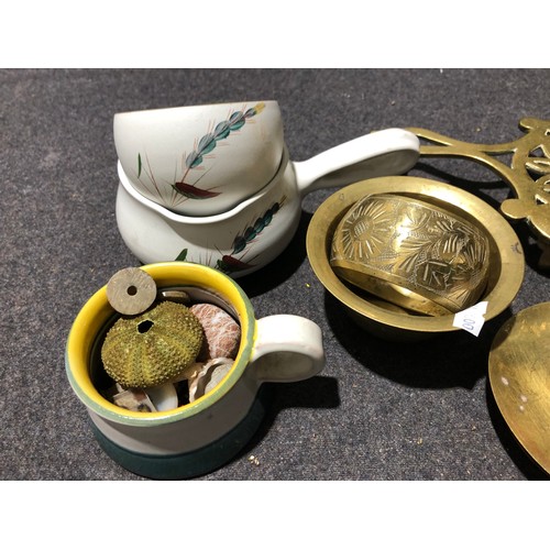 77 - Misc collectables including a nice brass finial, Irish wade, cork screw and Denby