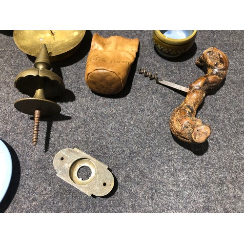 77 - Misc collectables including a nice brass finial, Irish wade, cork screw and Denby