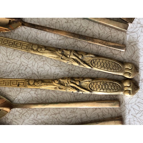 671 - 2 Chinese Bronze soup spoons and a set of 6 bronze tea spoons