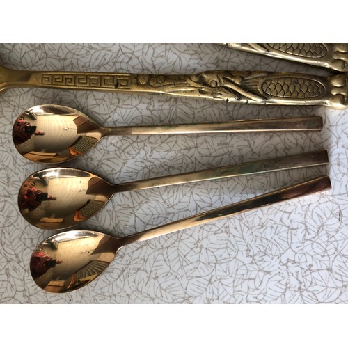 671 - 2 Chinese Bronze soup spoons and a set of 6 bronze tea spoons