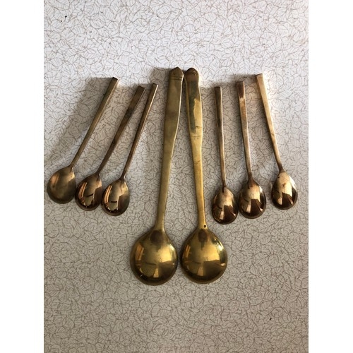 671 - 2 Chinese Bronze soup spoons and a set of 6 bronze tea spoons