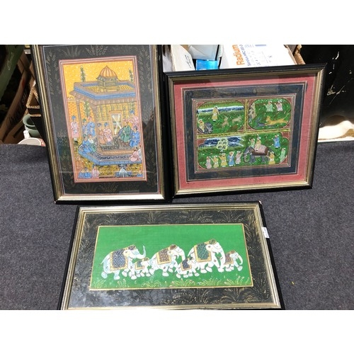 869 - 3 hand painted Indian paintings on cloth F&G.