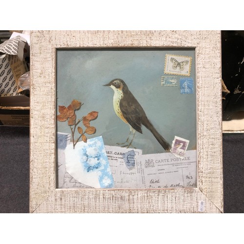 870 - Collage of interesting stamps along with hand painted bird framed.
