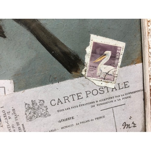 870 - Collage of interesting stamps along with hand painted bird framed.