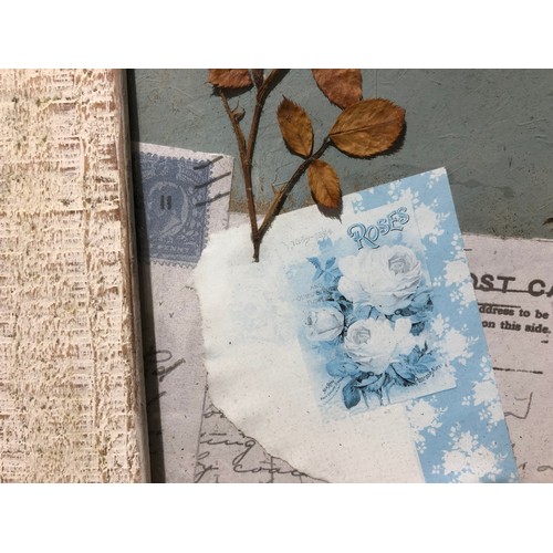 870 - Collage of interesting stamps along with hand painted bird framed.