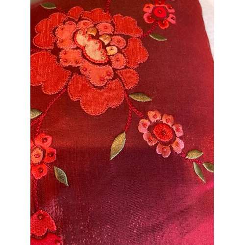 368 - Laura Ashley cushion pair embroidered with bead detailing in crimson