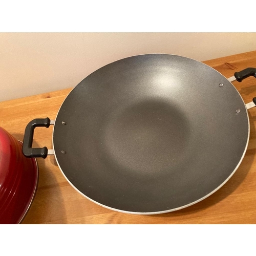 437 - Two red pots,  wok with lid and enamel lidded pot