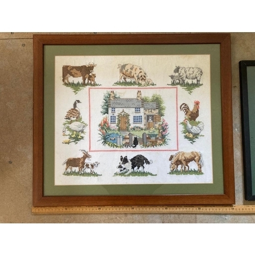 468 - Two pictures in wood frames of cross stitch tapestry