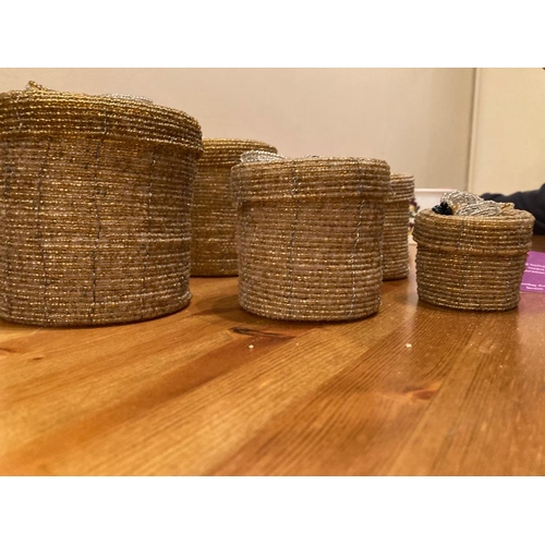 487 - Beaded lidded trinket baskets with insect and flower decoration