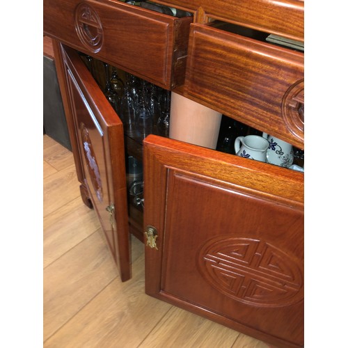 603 - Fabulous solid teak sideboard. Purchase from Hong kong. With Chinese symbols.