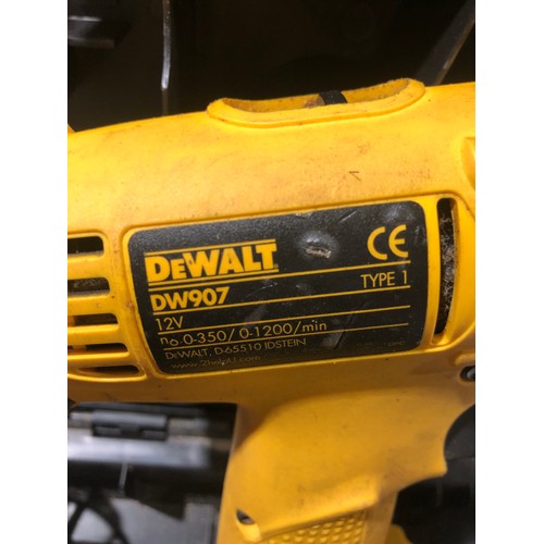 679 - DeWalt DW907 12 volt cordless drill with 2 batteries and charger in plastic case.