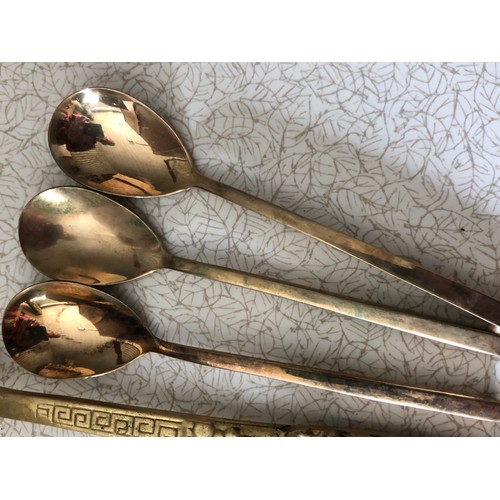 719 - 2 Chinese Bronze soup spoons and a set of 6 bronze tea spoons