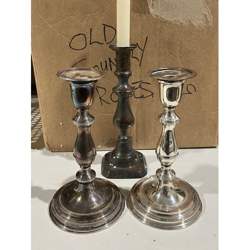 779 - Pair of Viners silver plated candlesticks plus another single