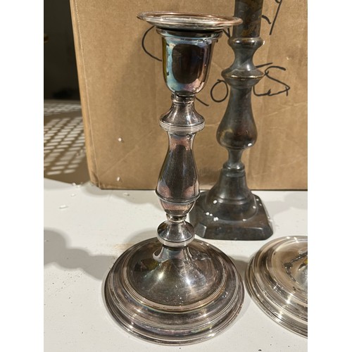 779 - Pair of Viners silver plated candlesticks plus another single