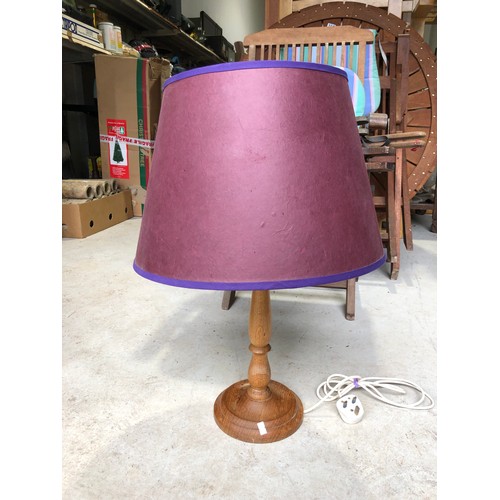 804 - Large Turned Oak Pillar Table Lamp and Shade