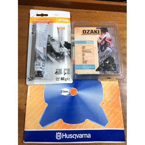 811 - Husqvarna bush cutter blade along with Stihl grease and CD4  Ozaki chainsaw blade part worn