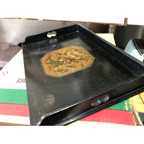 844 - Fine Ebony letter writing tray. Art Nouveau with hand painted central decoration.