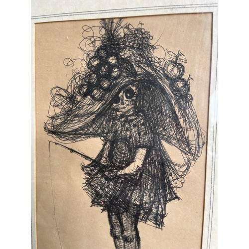 875 - An original biro sketch by Pipin of Girl in big hat Fishing