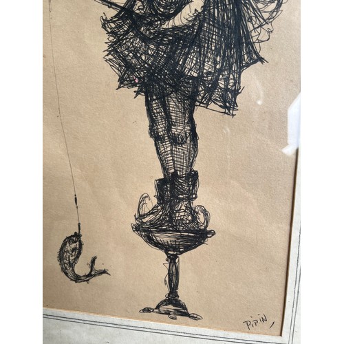 875 - An original biro sketch by Pipin of Girl in big hat Fishing