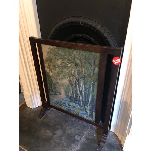 887 - Antique fire screen with woodland tapestry