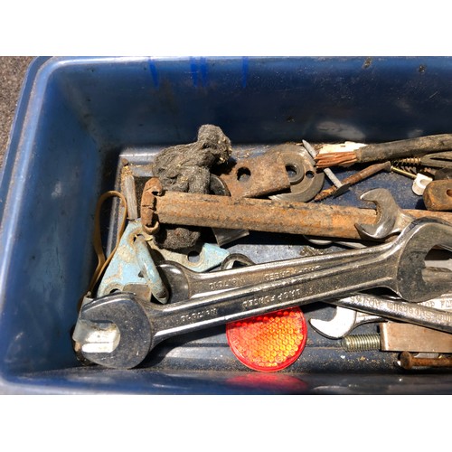 964 - Box of spanners etc including a brass window lock